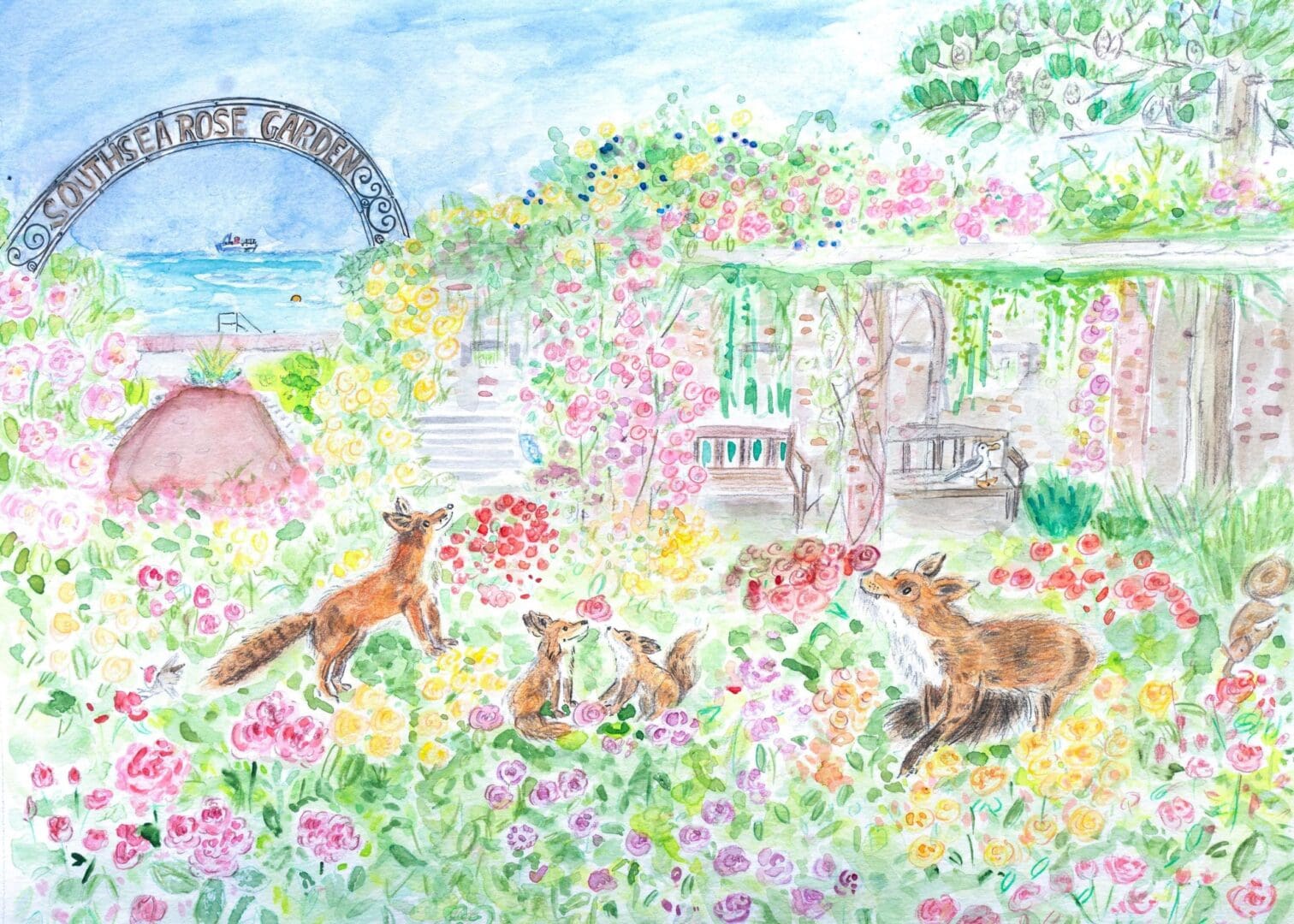 A4 Illustrated Original Print of a Fox Family in a Rose Garden - Image 3
