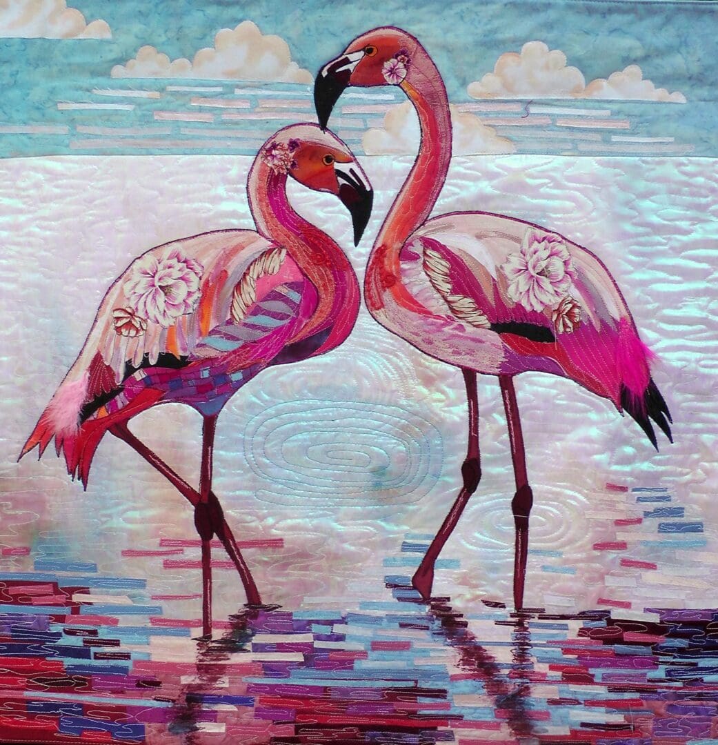 Original Art Pink Flamingos. Pretty Flamingo textile art