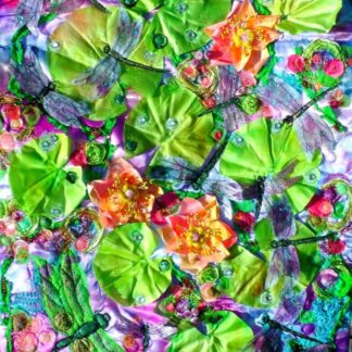 Dragonflies Lily pads Embroidery. Textile Art.