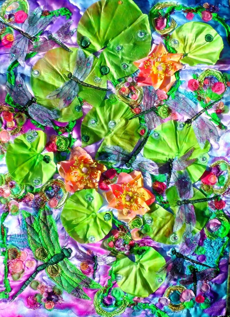 Dragonflies Lily pads Embroidery. Textile Art.