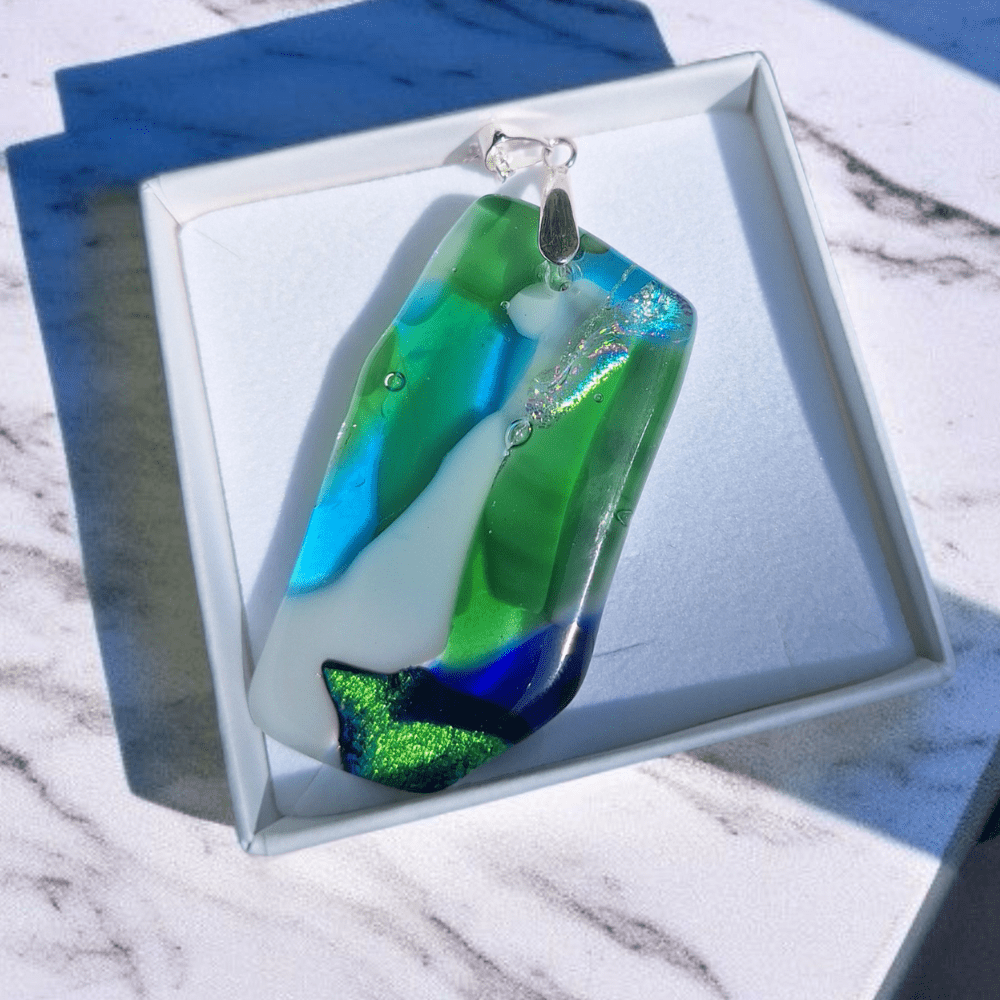 Handmade Green and Blue Fused Glass Pendant Necklace – Statement Dichroic Jewellery Gift - Image 7