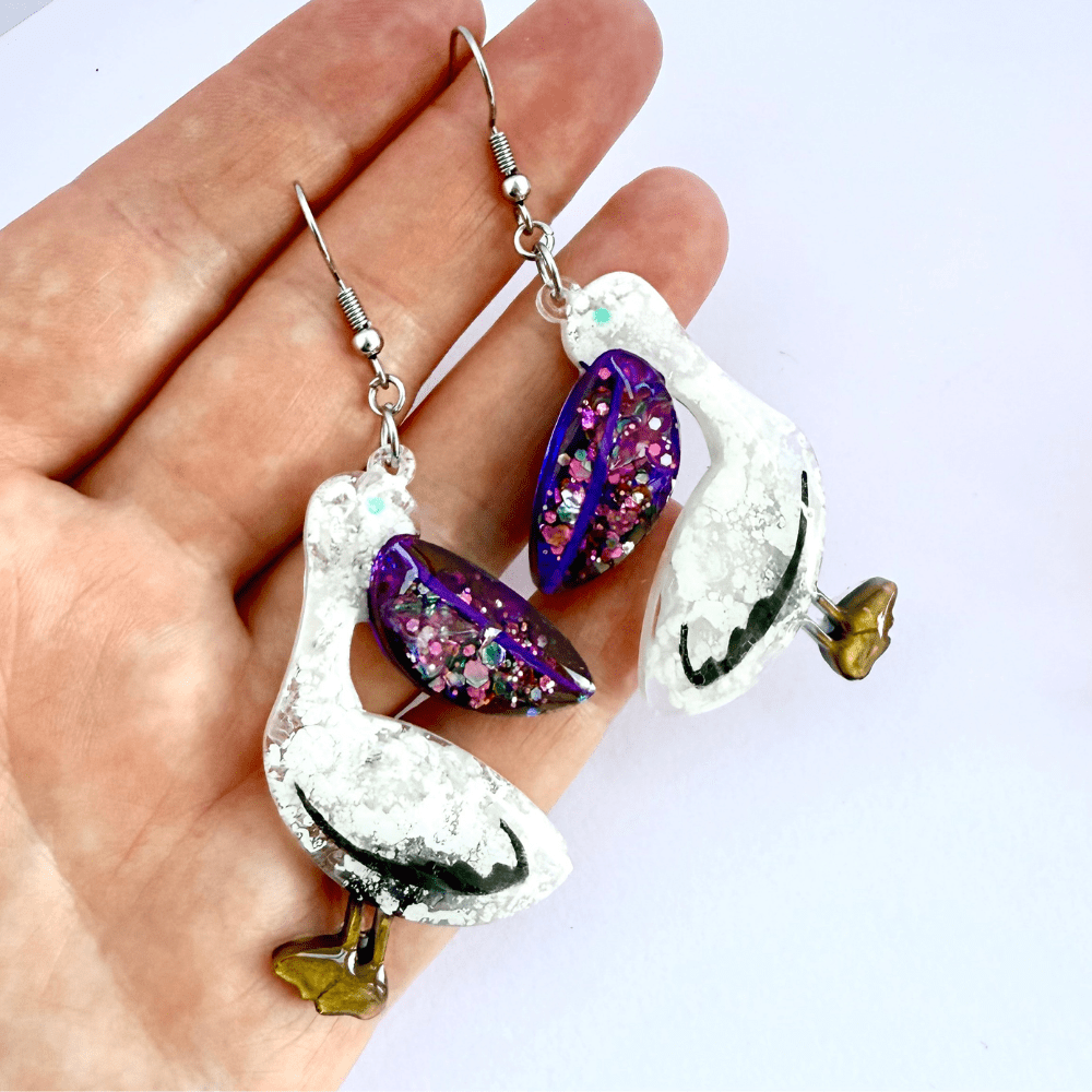 Flight Club – Midnight Glitter Pelican Earrings, Handmade Resin Bird Jewellery - Image 7