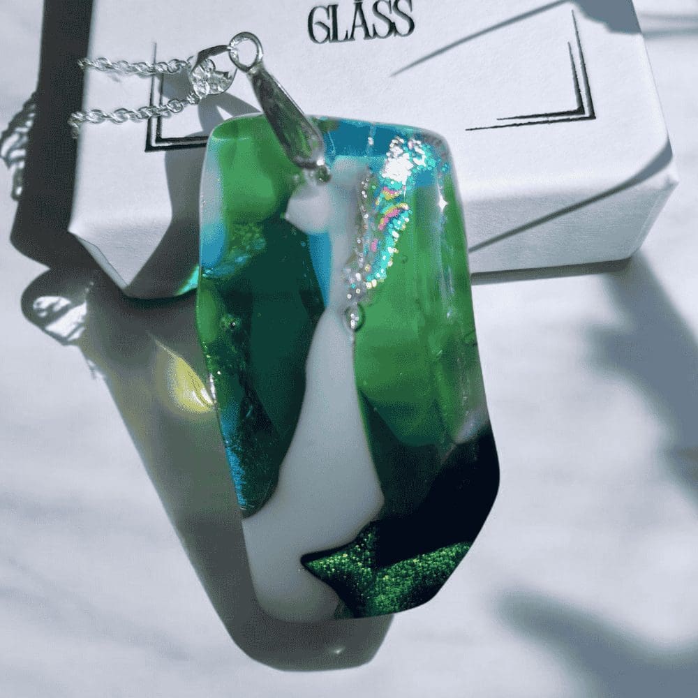 Handmade Green and Blue Fused Glass Pendant Necklace – Statement Dichroic Jewellery Gift - Image 6