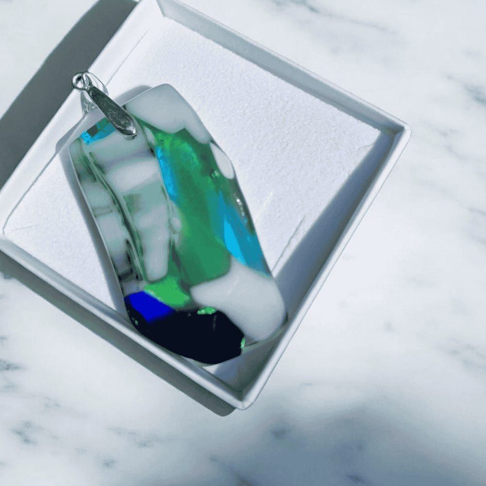 Handmade Green and Blue Fused Glass Pendant Necklace – Statement Dichroic Jewellery Gift - Image 5