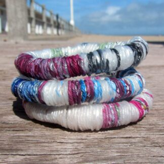 set of 3 bracelets made from recycled plastic bags