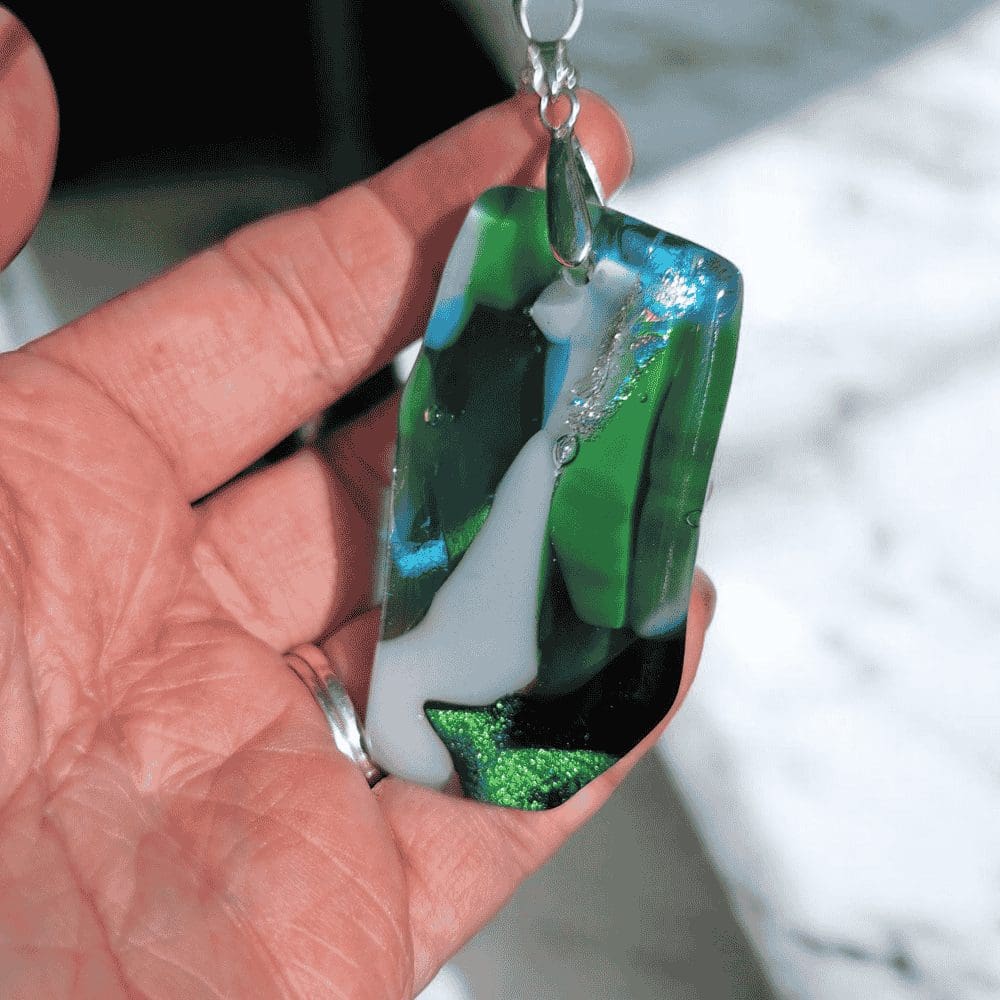 Handmade Green and Blue Fused Glass Pendant Necklace – Statement Dichroic Jewellery Gift - Image 3