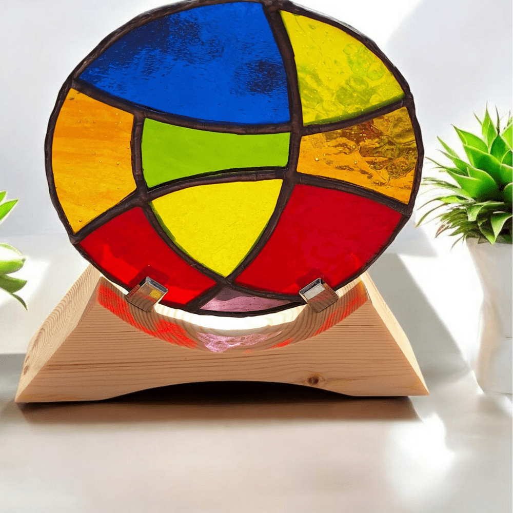 Colourful Round Stained Glass on Wooden Stand Handmade - Image 3