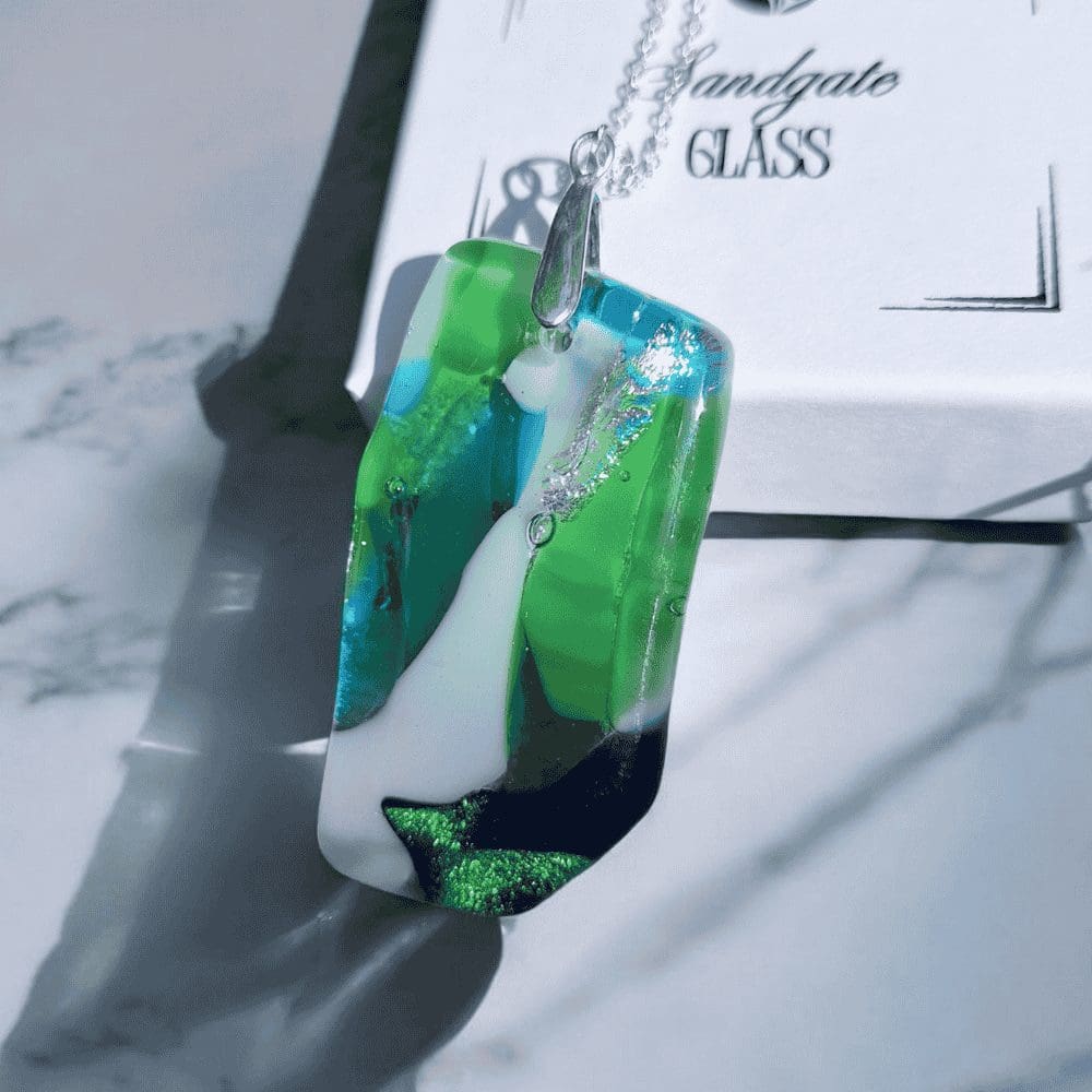 Handmade Green and Blue Fused Glass Pendant Necklace – Statement Dichroic Jewellery Gift - Image 2