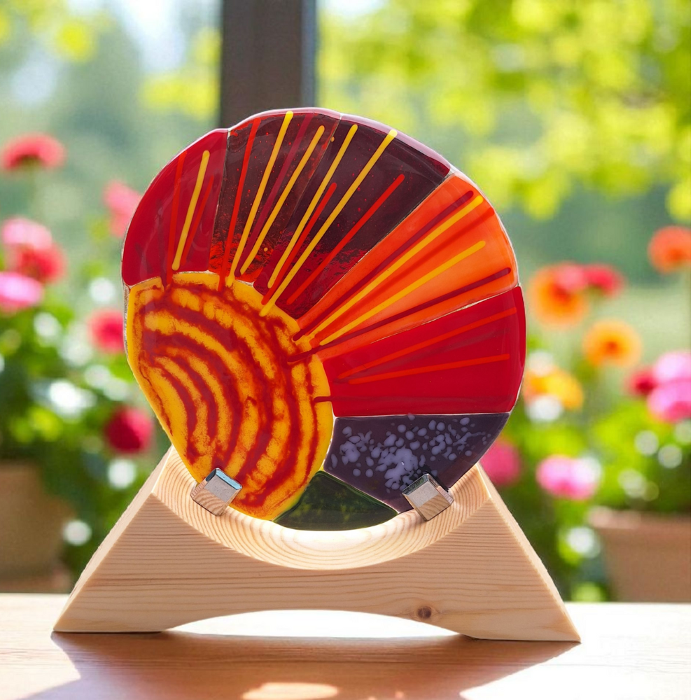 Handmade fused glass sunrise ornament with wooden stand - Image 7
