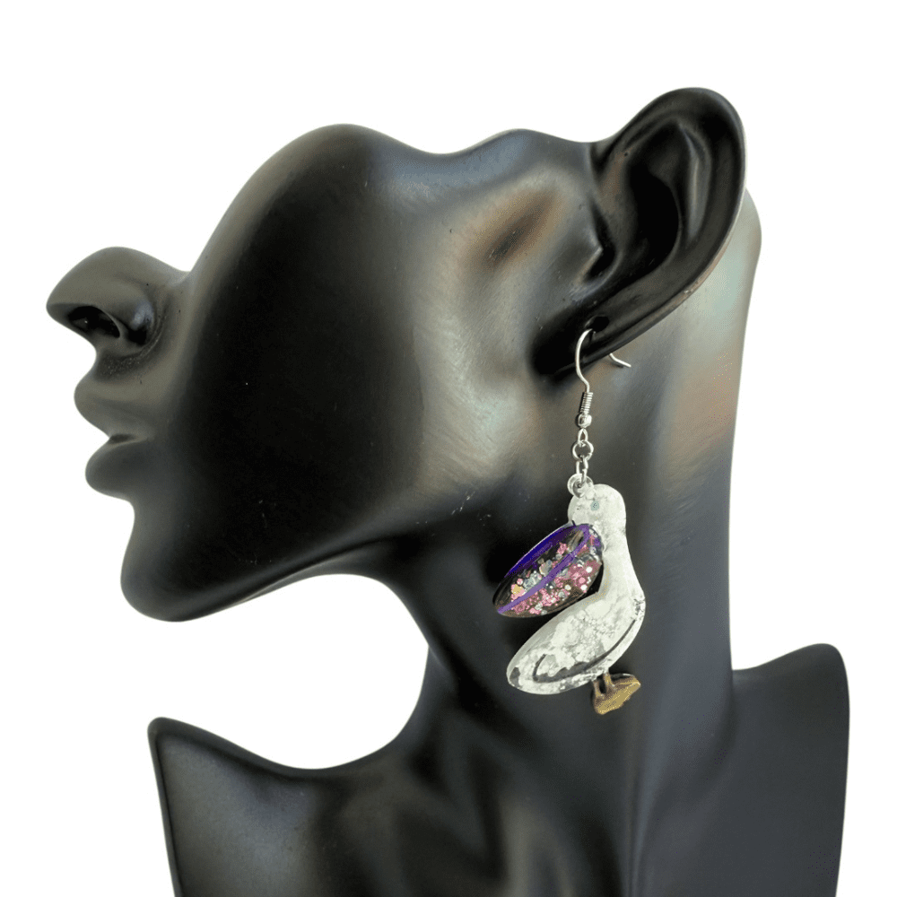 Flight Club – Midnight Glitter Pelican Earrings, Handmade Resin Bird Jewellery - Image 2