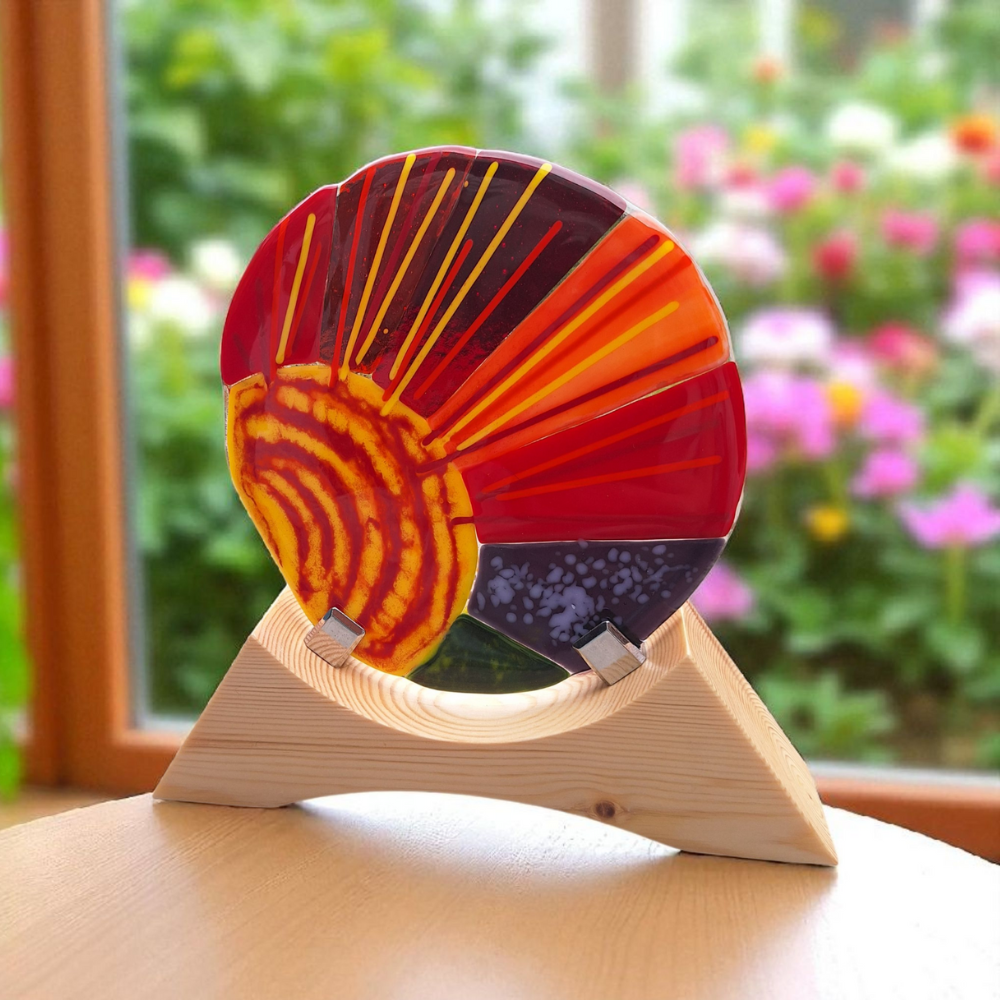 Handmade fused glass sunrise ornament with wooden stand - Image 3