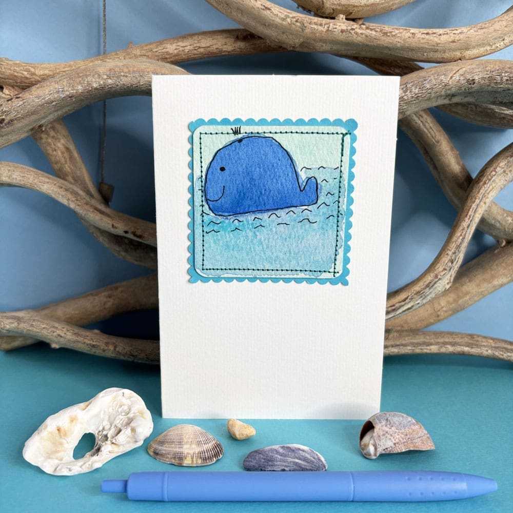 Handpainted cute whale on sea inspired background. From CSheehanArt