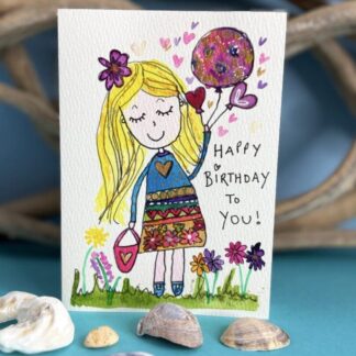Hand-Painted Birthday Card – Joyful Girl with Balloon from CSheehanArt Blank Inside
