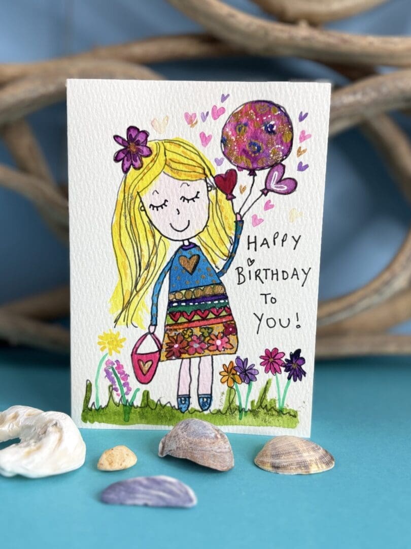 Happy Birthday card in whimsical style for her waterccolour birthday girl