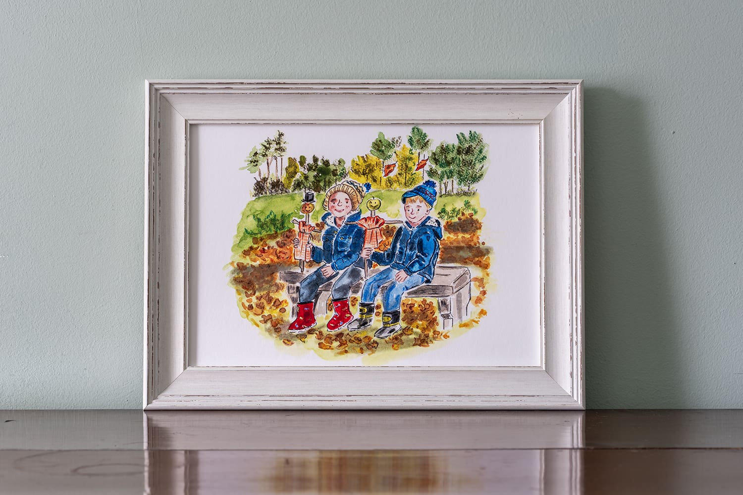 A4 Illustrated Original Print (Unframed) Autumn Apple Day Boys - Image 2