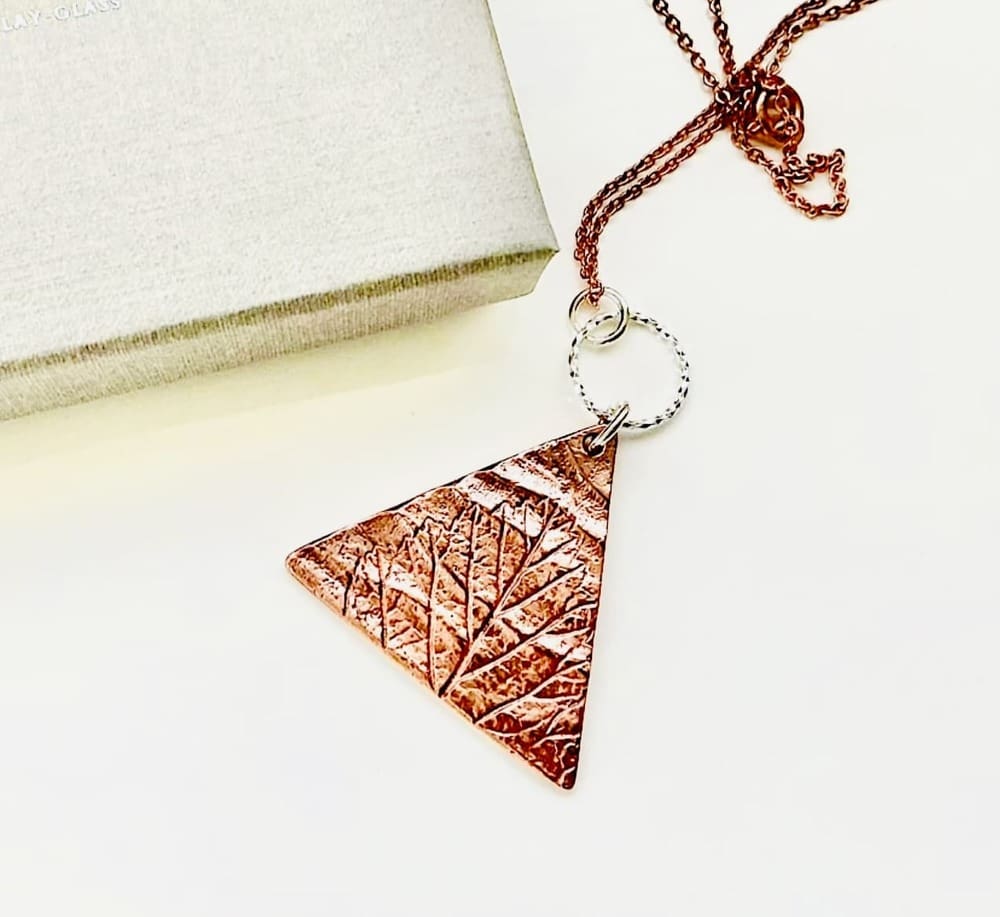 Copper Pressed Leaf Pendant Necklace - Silver Ring - Image 2