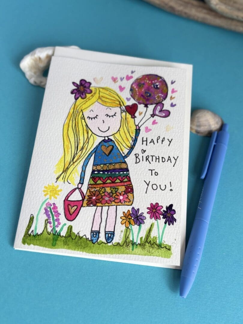Happy Birthday card in watercolour whimsical style Joyful Girl with Balloon