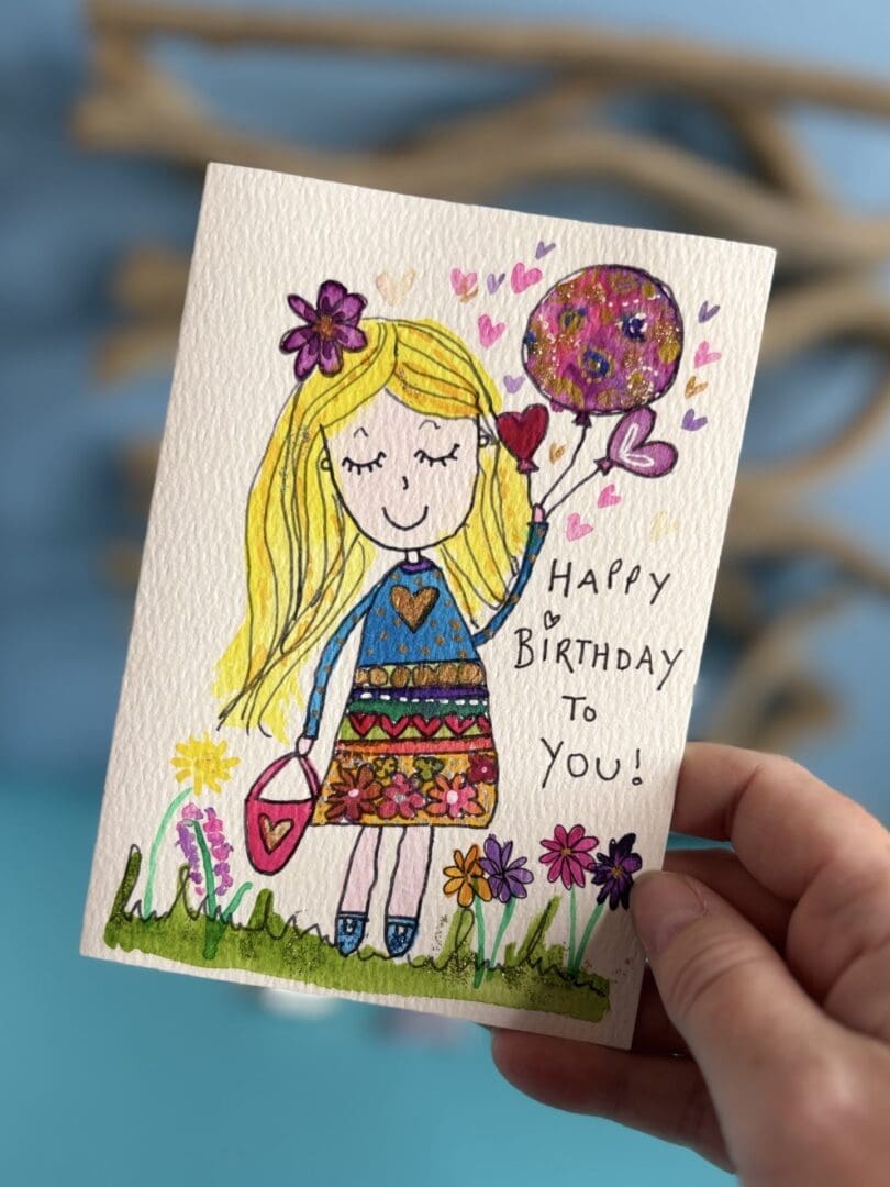 Birthday card for her Hand-Painted Birthday Card – Joyful Girl with Balloon