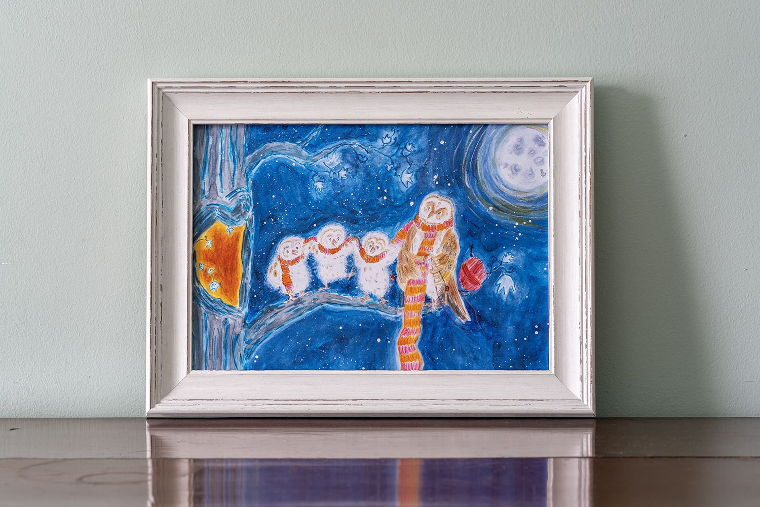 A4 Illustrated Original (unframed) Print of an Owl Knitting for her Owlets - Image 2