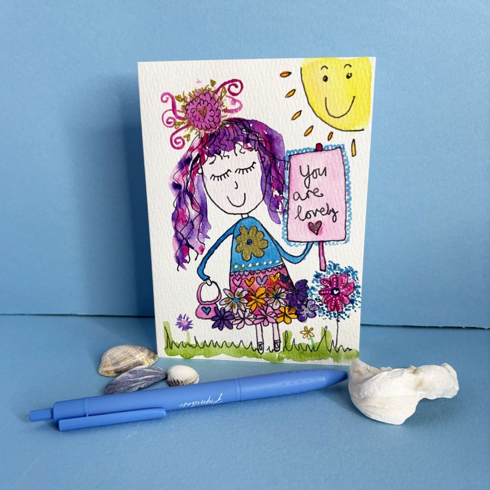 Thinking of you – watercolour You Are Lovely girl greetings card