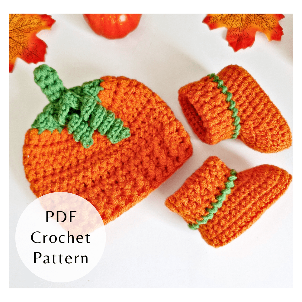 A digital crochet pattern cover showing a finished orange crochet pumpkin hat and matching green-stem booties.