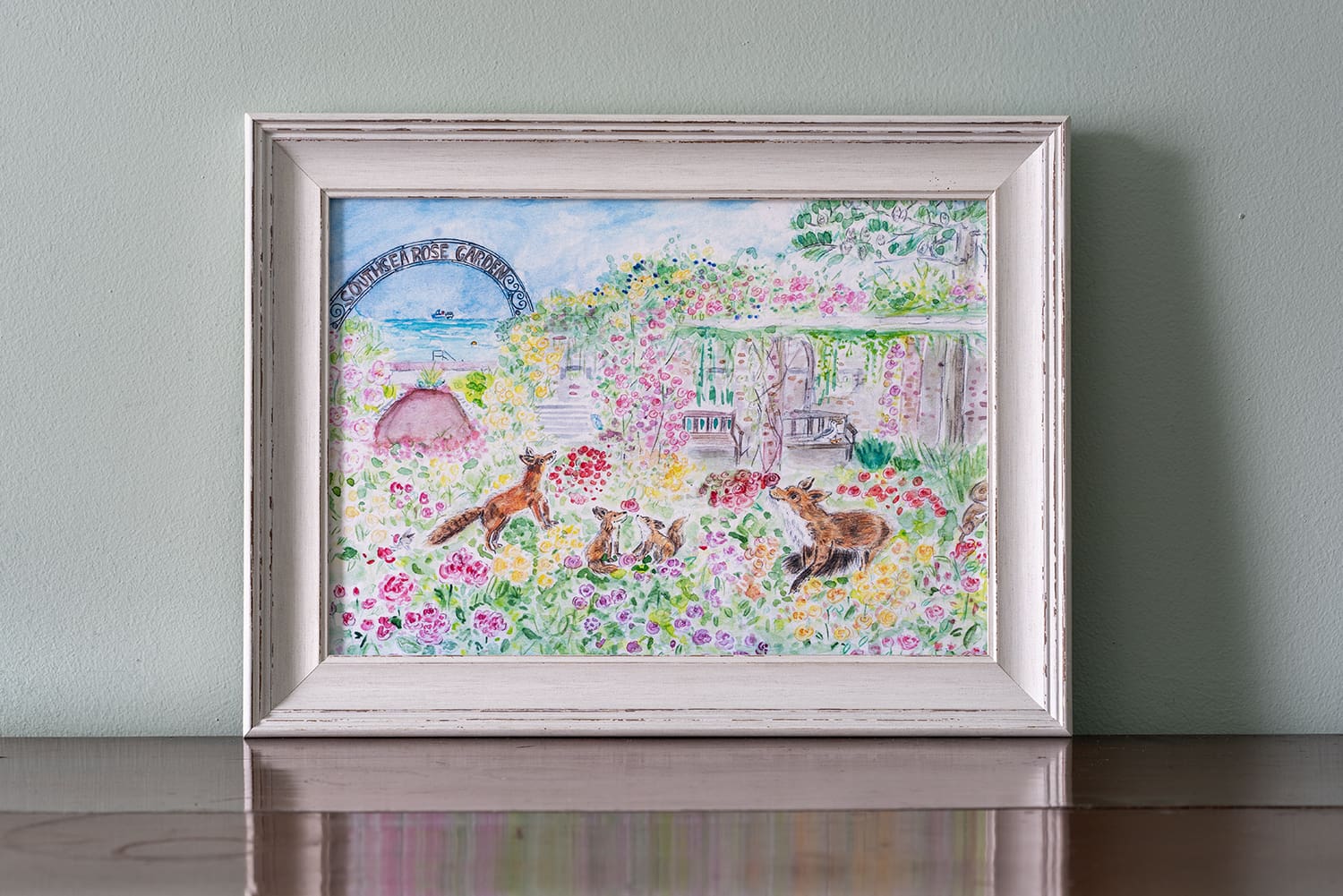 A4 Illustrated Original Print of a Fox Family in a Rose Garden - Image 2