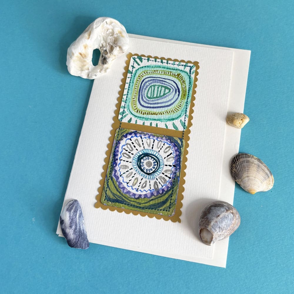 Stitched watercolour art card Double swirls a6 greetings card