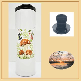 Drinks bottle in mug style with mushroom artwork