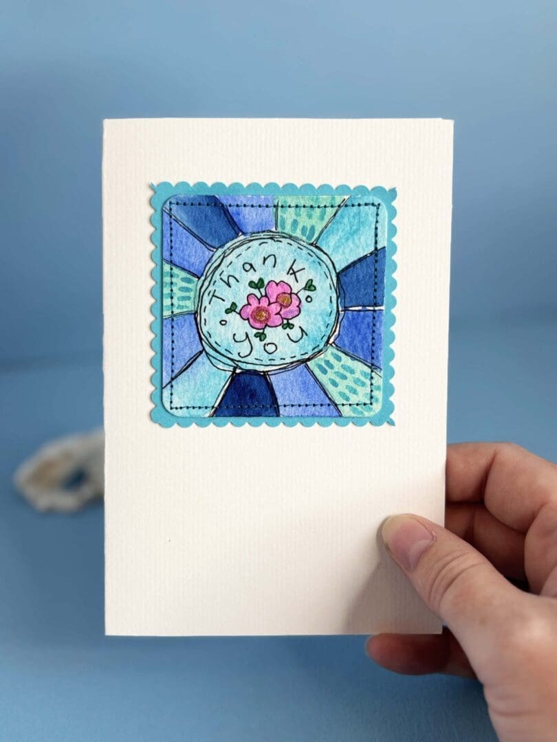 Watercolour handpainted Blue and Green thankyou card