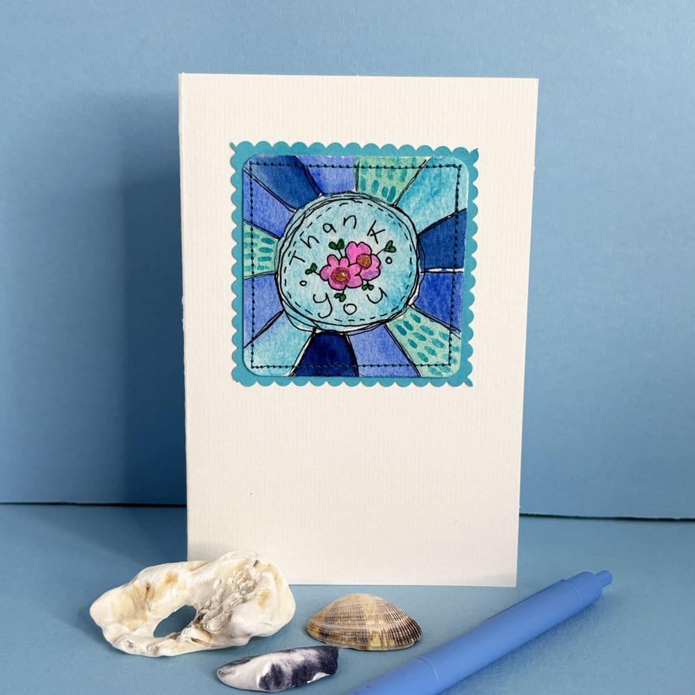Blank Watercolour handpainted Blue and Green thankyou card