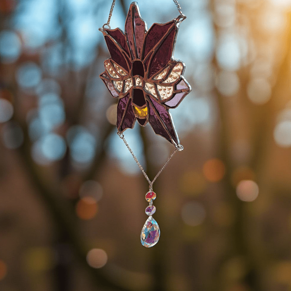 Stained Glass Flower Suncatcher with Bee and Crystal Drop - Image 5