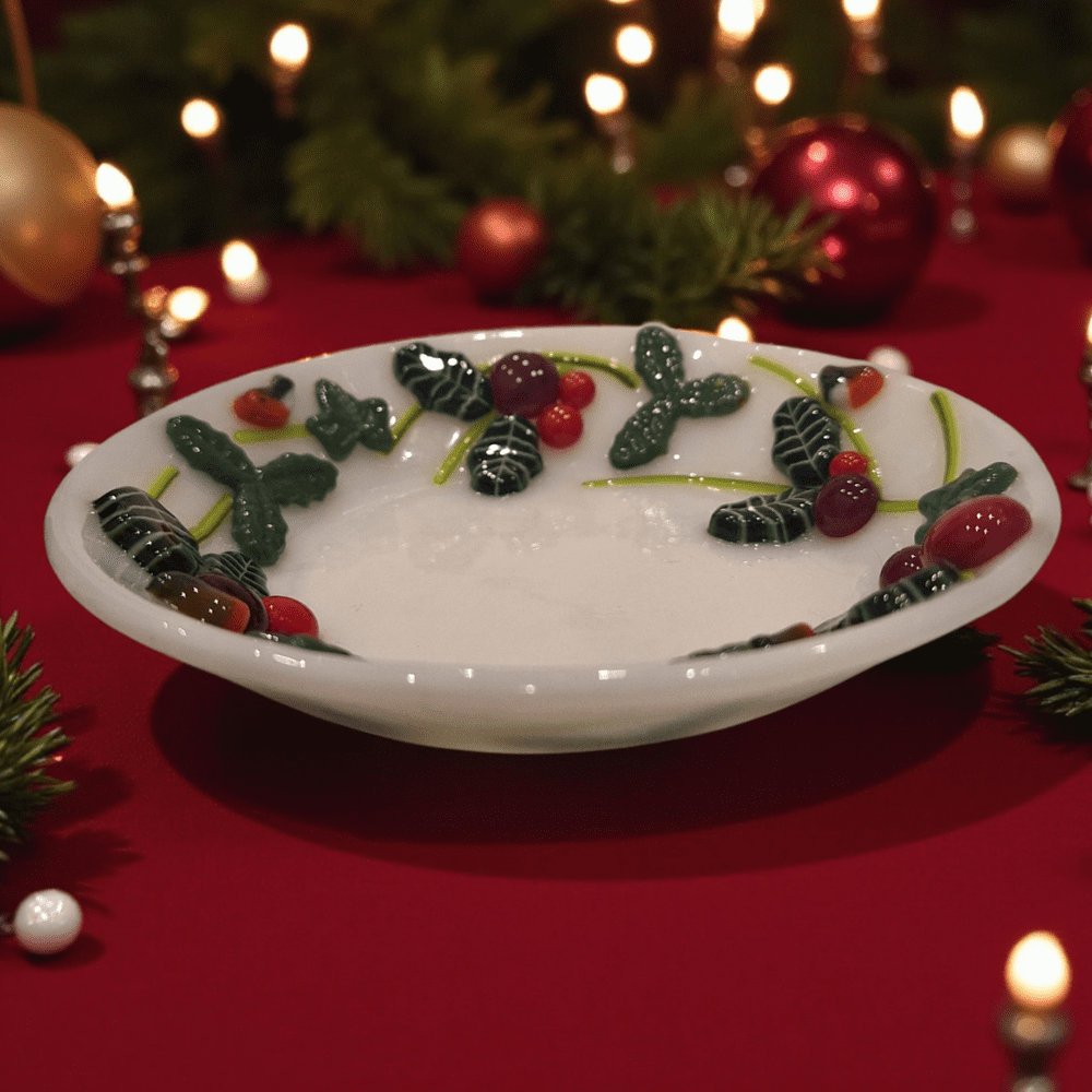 Handmade fused glass trinket dish with textured holly, ivy leaves, berries and robins – festive Christmas decoration and gif