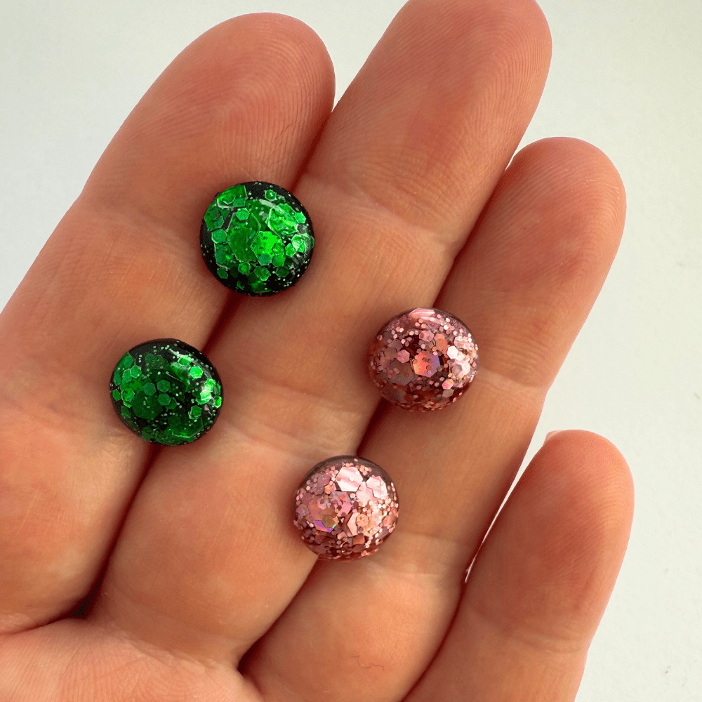 Emerald & Candy Pink Glitter Stud Earrings - Enchanted Sparkle Jewellery - Image 7