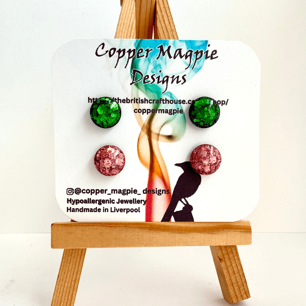 Two pack resin stud earrings in emerald green and pink glitter – handmade in the UK