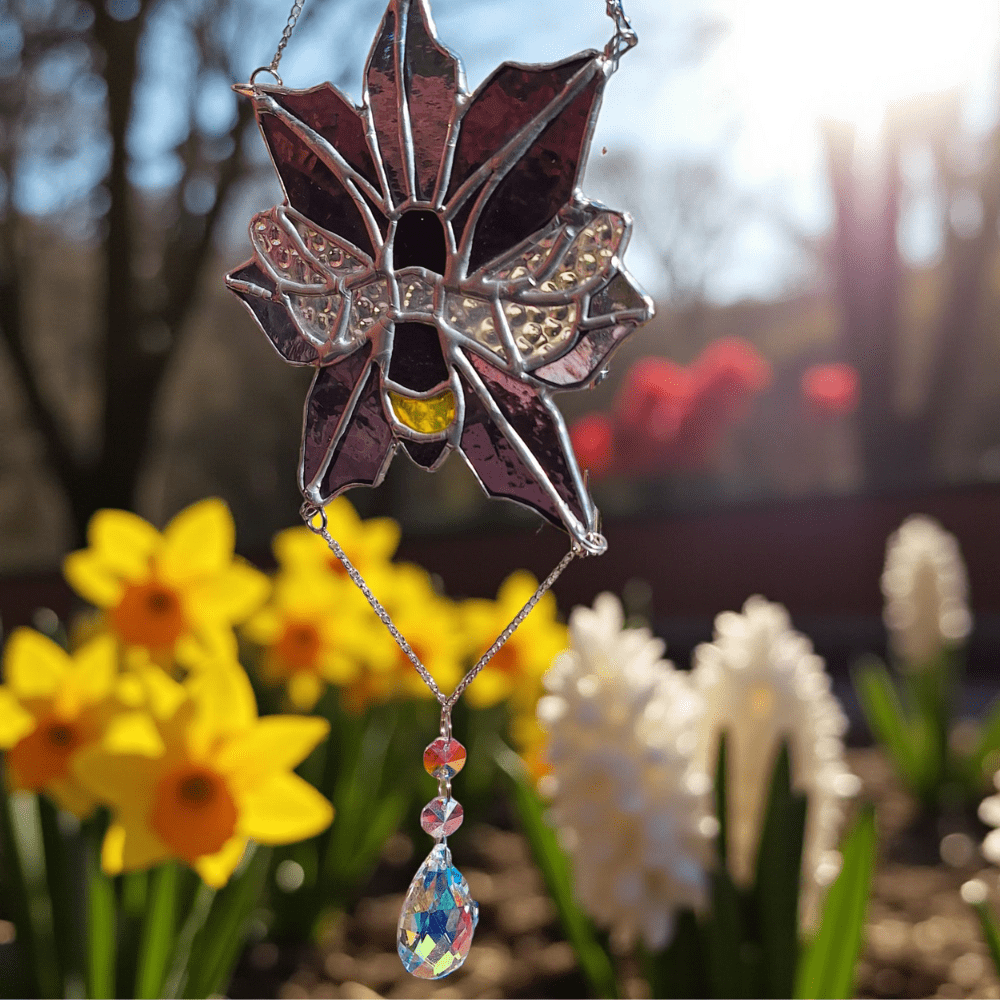 Stained Glass Flower Suncatcher with Bee and Crystal Drop - Image 4