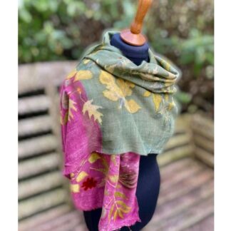 Naturally Dyed Forest Green Burgundy Woven Organic Wool Scarf with Botanical Leaf Prints