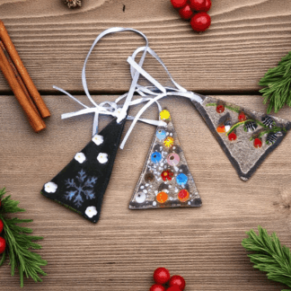 Handmade fused glass Christmas tree ornament with white ribbon hanger, unique green glass decoration, approx 5 x 6 cm, festive gift idea