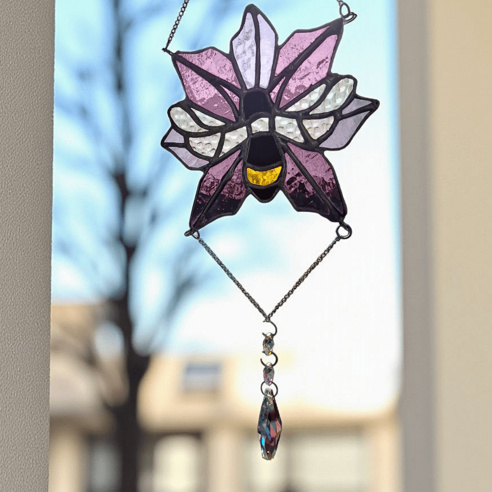 Stained Glass Flower Suncatcher with Bee and Crystal Drop - Image 3