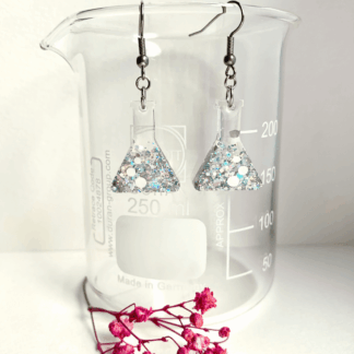 Lightweight resin conical flask earrings with silver rainbow holographic glitter