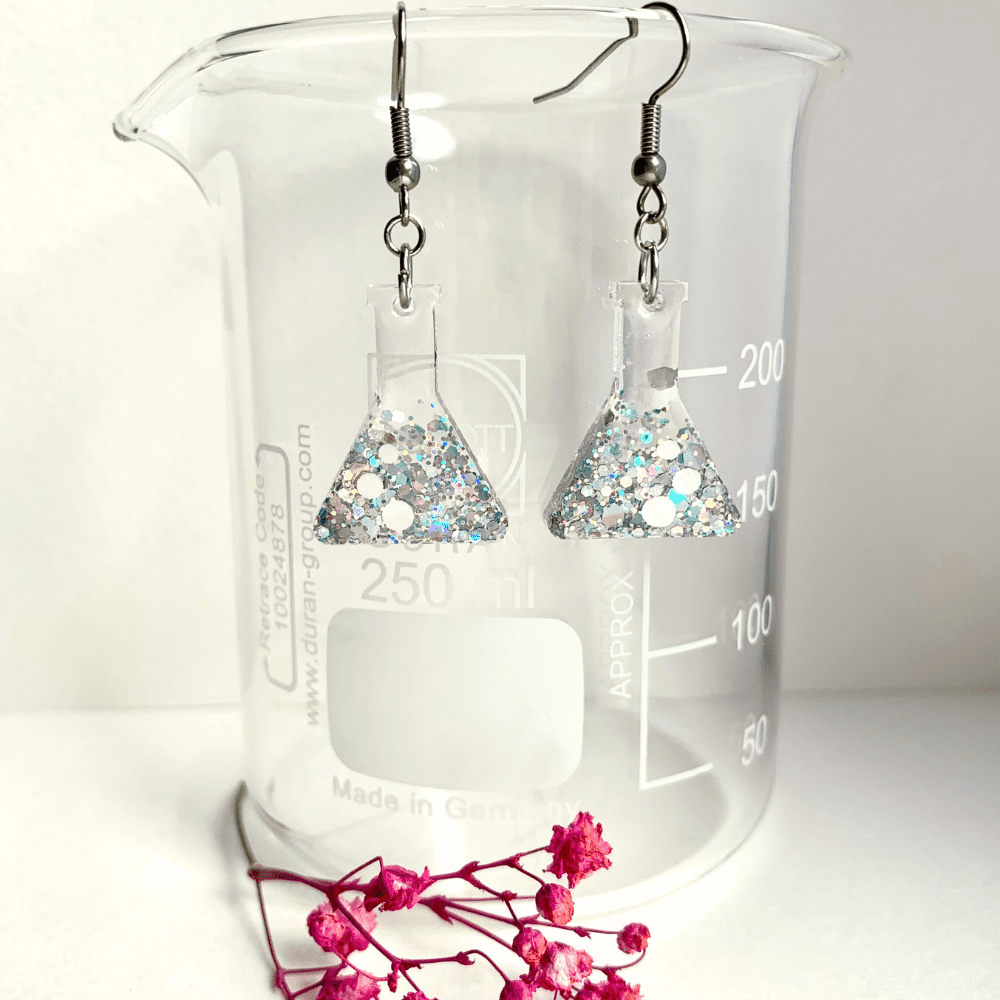 Lightweight resin conical flask earrings with silver rainbow holographic glitter