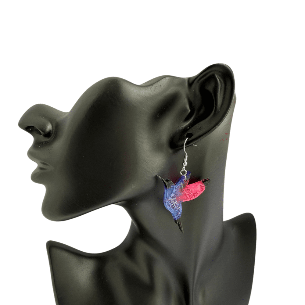 Lightweight statement earrings shaped like hummingbirds in colourful resin