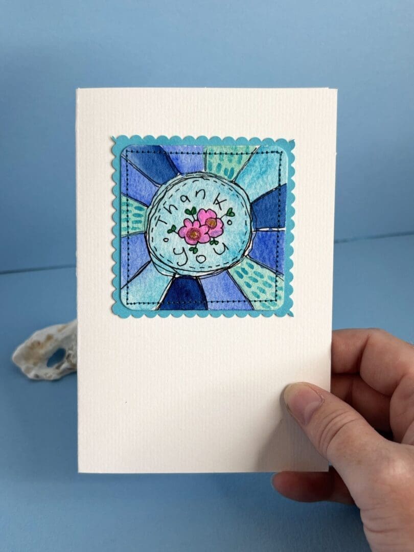 Blue and Green thankyou card Watercolour handpainted