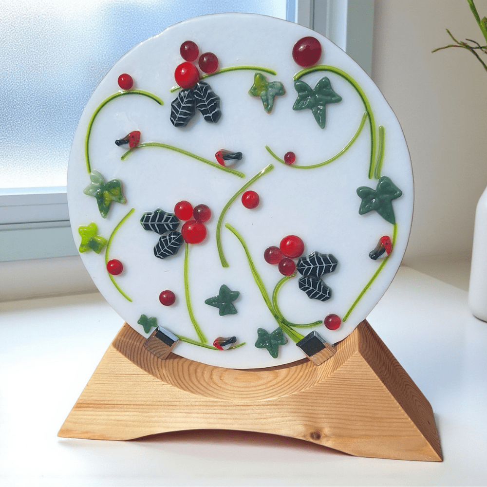 Fused Glass Holly Ivy Christmas Decoration with Robins - Image 3