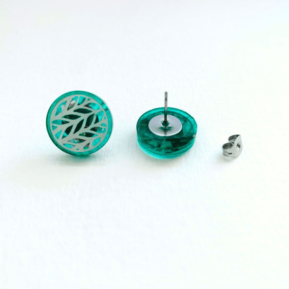 Image shows the stud back positioned centrally within the earring and the butterfly back as well as the front.