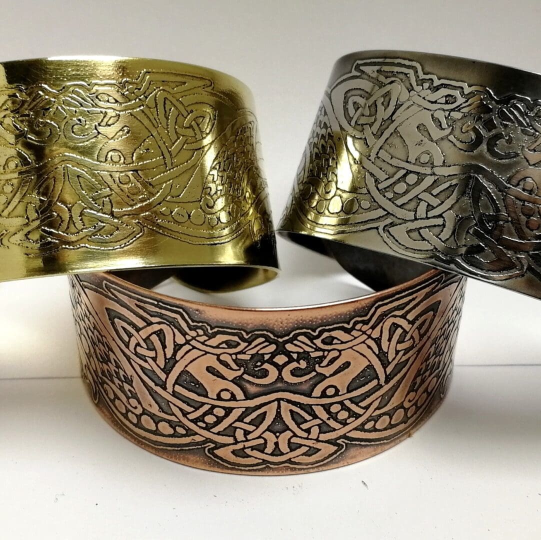Etched Celtic Dragon Cuff: Steel, Brass & Copper Norse Bracelet