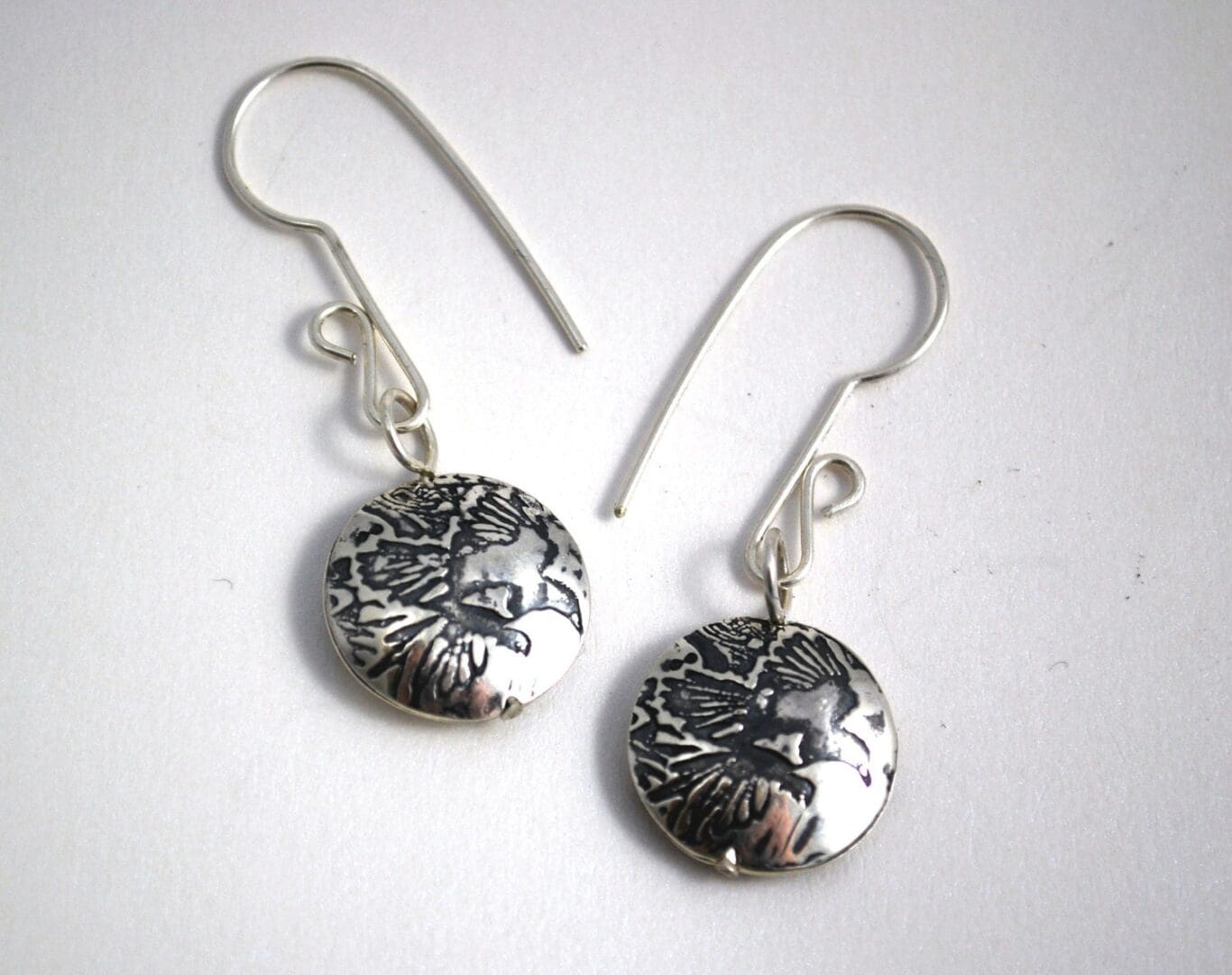 Silver Magpie, Crow, owl or Bird on Wing Drop Earrings