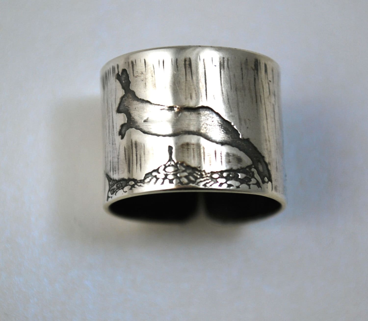 Etched silver Hare Ring - Adjustable oxidised or natural cuff ring