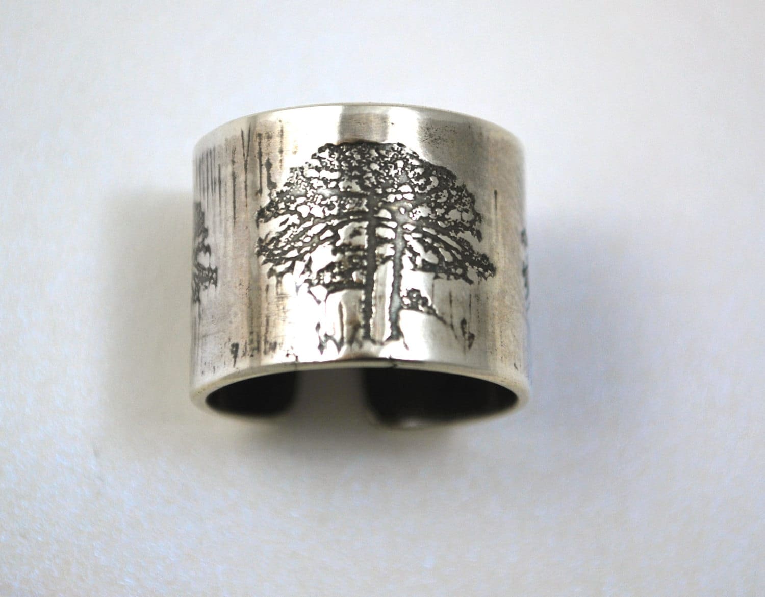 Adjustable Etched silver Tree Ring - oxidised