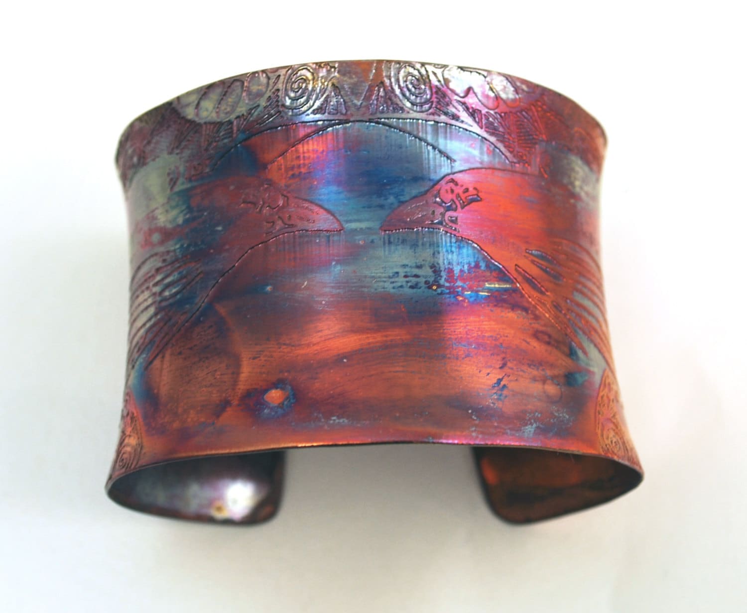 Etched Copper anticlastic Cuff Bracelet with raven or moon gazing hare design