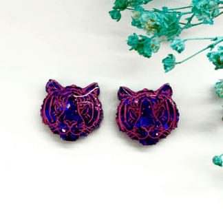 Tiger head stud earrings with colourshift purple and pink glitter finish